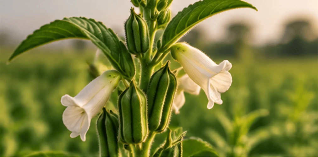Fleur blanche et feuillage du plant de sésame